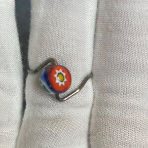 Millefiori Glass Bead Ring Sterling Silver Wire Band Red Blue Bead Size 6.5